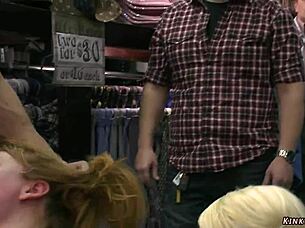 Public shop double penetration and BDSM action with blonde babe