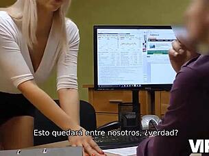 Beautiful European VIP4K babe has to choose between money and sex in the office.