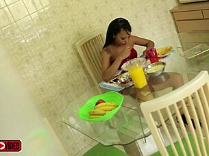 Stepfather secretly films stepdaughter eating without underwear on