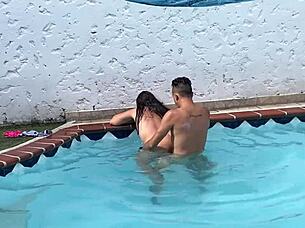 I tempt my neighbor to give me a refreshing blowjob in the pool.