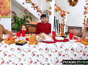 Three female characters have a threesome with a male character on Thanksgiving.