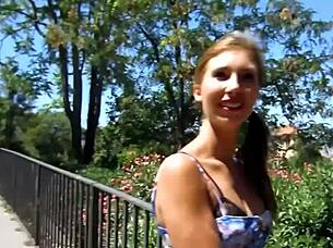 Flexible brunette gags on traveler’s thick meat pole