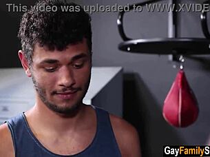 Younger gay stepson and his older stepfather engage in both physical exercise and sexual activity.