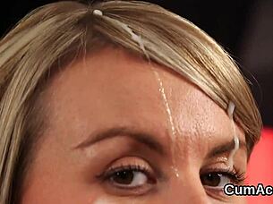 Cumshot on the face of a hot girl who is eating all the semen