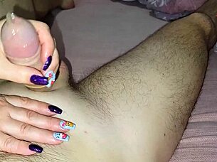 A blonde amateur couple has sex in the bedroom and they do not use a condom.