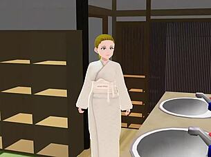 Anime woman takes a bath in a Japanese public bath called sento