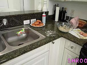 Petite teen step-sis helps with baking for a good cause
