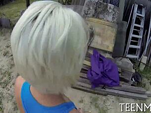 Teen skinny blonde gets a rough fuck and a blowjob
