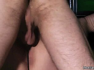 Beautiful brunette BBW in fishnets caught in the act