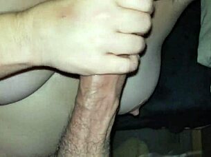 An amateur BBW gets a facial after a deepthroat and tit fucking session