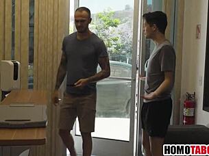 stepdad catches stepson sucking cock at work 😏