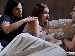 Stepmother and stepson both seduce a college girl in a threesome adult movie