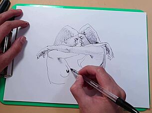 Two pretty girls draw each other with a ballpoint pen while having sex