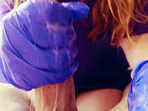 Cum covered gloves and a big cock in this homemade ASMR handjob video