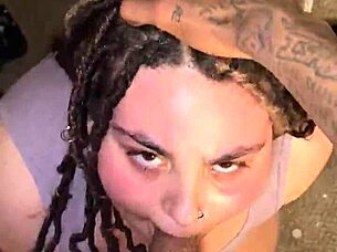 Big black cock penetrates the mouth of a chubby brunette