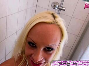 Skinny blonde girlfriend gets her ass fucked in the shower
