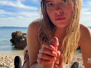 Beautiful woman gets love making with a big cock on the beach and gets creampied