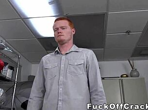 A red-haired man is tempted by money and enjoys a big black dick at work