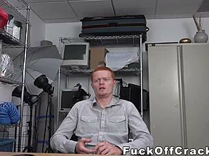 A red-haired man is tempted by money and enjoys a big black dick at work