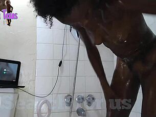 Black granny gets a good shower and fucking session