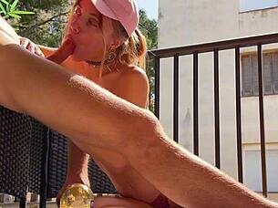Muscular hunk gets sloppy pussy pounding on balcony