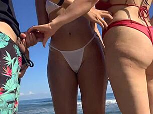 Czech exhibitionists flash tits on the beach with amateurs