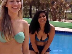 Besties take on a poolside yoga challenge together