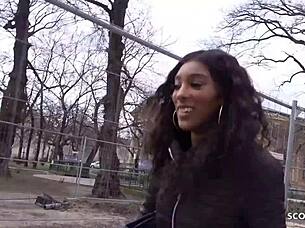 German scout picks brown ebony bombshell for eye-rolling outdoor fuck