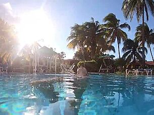 Beautiful amateur couple enjoys hot poolside sex