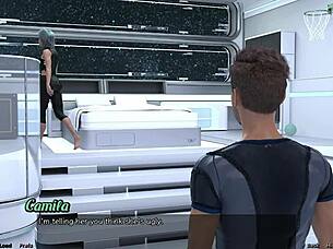Big tits bouncing in a 3D space game with an explosive ending