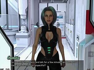Big tits bouncing in a 3D space game with an explosive ending