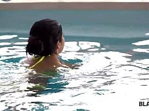 European lovers enjoy poolside sex with oral action
