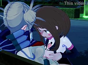 Futamari sex with Ochako and Himiko in My Hero Academia