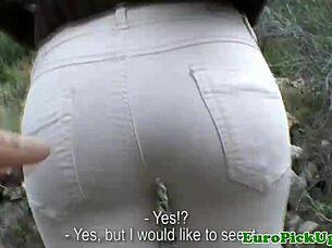 A blonde Euro beauty gives a great outdoor blow job in a very realistic way