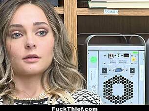 A blonde teen caught shoplifting is fucked by a security guard with a big cock