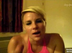 Young beauty with blonde hair sucks and licks my cock and puts the semen on her face