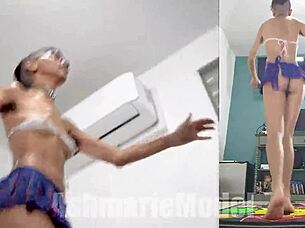 There is no underwear on this brunette as she performs Dance Dance Revolution