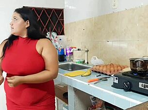 A black girl with an amazing set of large natural breasts has a rough and passionate experience with a young and inexperienced man in the kitchen