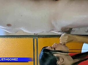 Stepdad gets a gym blowjob while trainer watches
