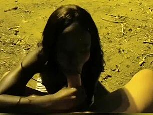 Brunette babe sucks his cock on the street