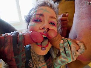 Double penetration dangling, huge cock-slut takes five cocks