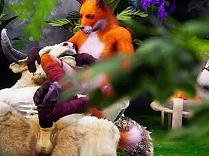 Furry lovers dance in rain, captured in passionate poses