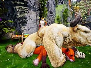 Furry lovers dance in rain, captured in passionate poses
