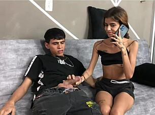 My younger stepsister chats with her boyfriend, seduced me