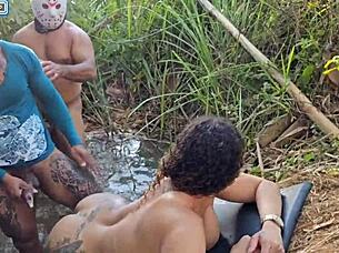 Machos meet sexy brunette in nature for intense fun