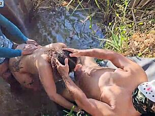 Machos meet sexy brunette in nature for intense fun
