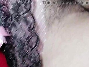 Hairy pussy girl is getting cummed on by a huge load