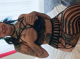 Alternative girl in spooky lingerie, quickie on the bed