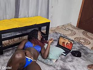 Girl masturbates watching porn, offers intense ass licking