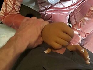 Cute girl in a jumpsuit likes fucking with a sex robot on casting